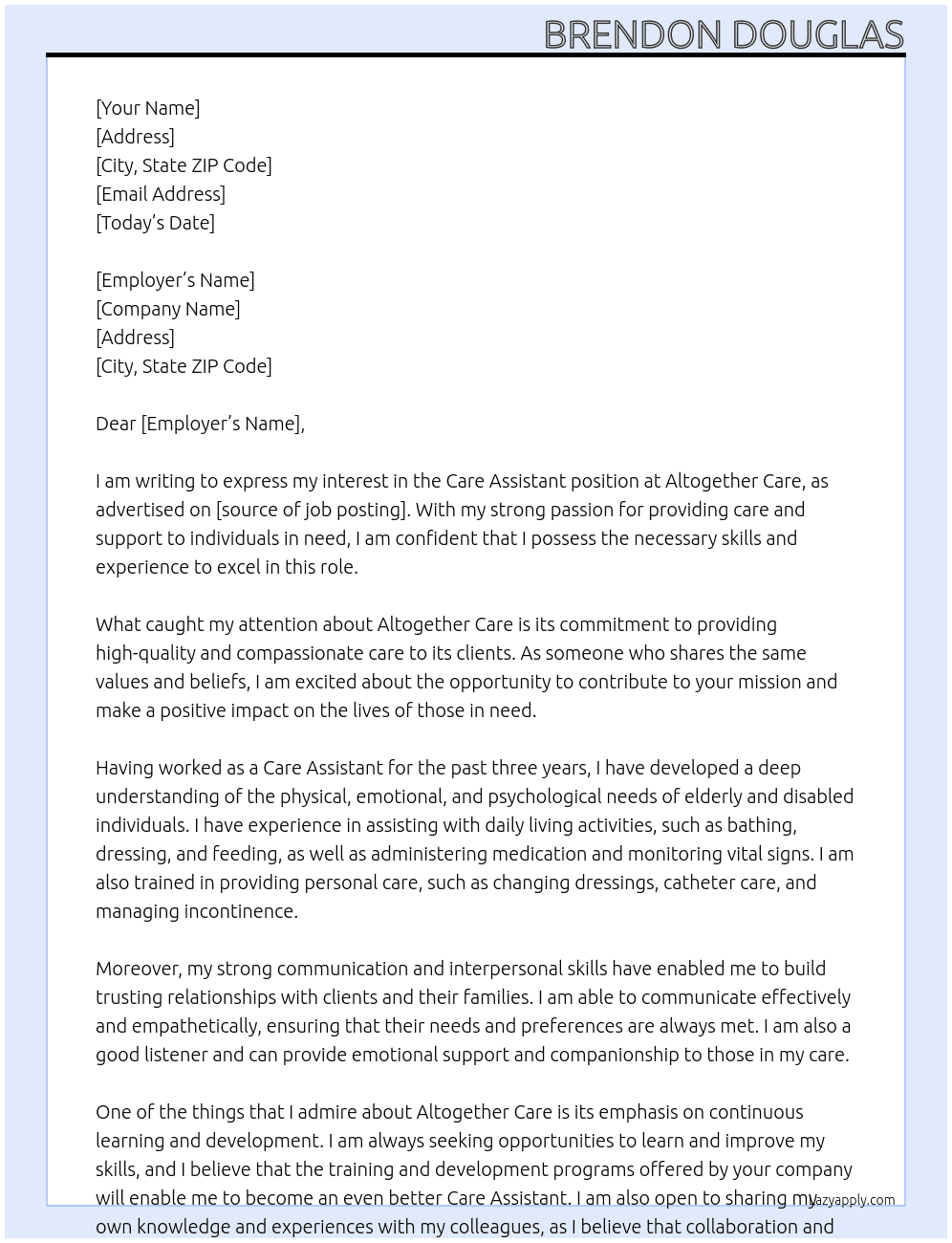Care Assistant At Altogether Care Cover Letter