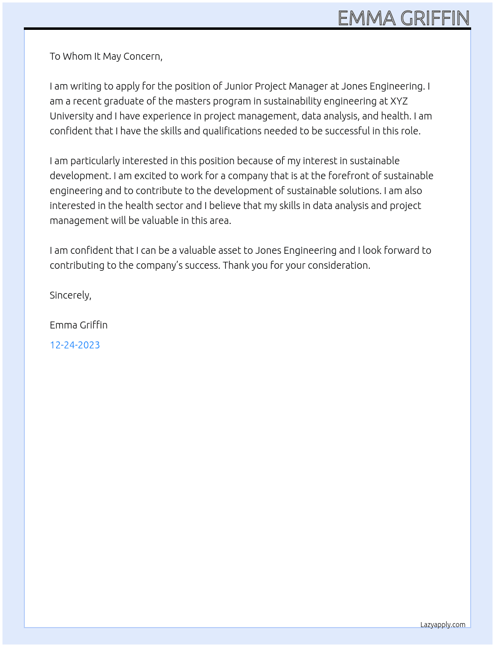 Junior Project Manager At Jones Engineering Cover Letter