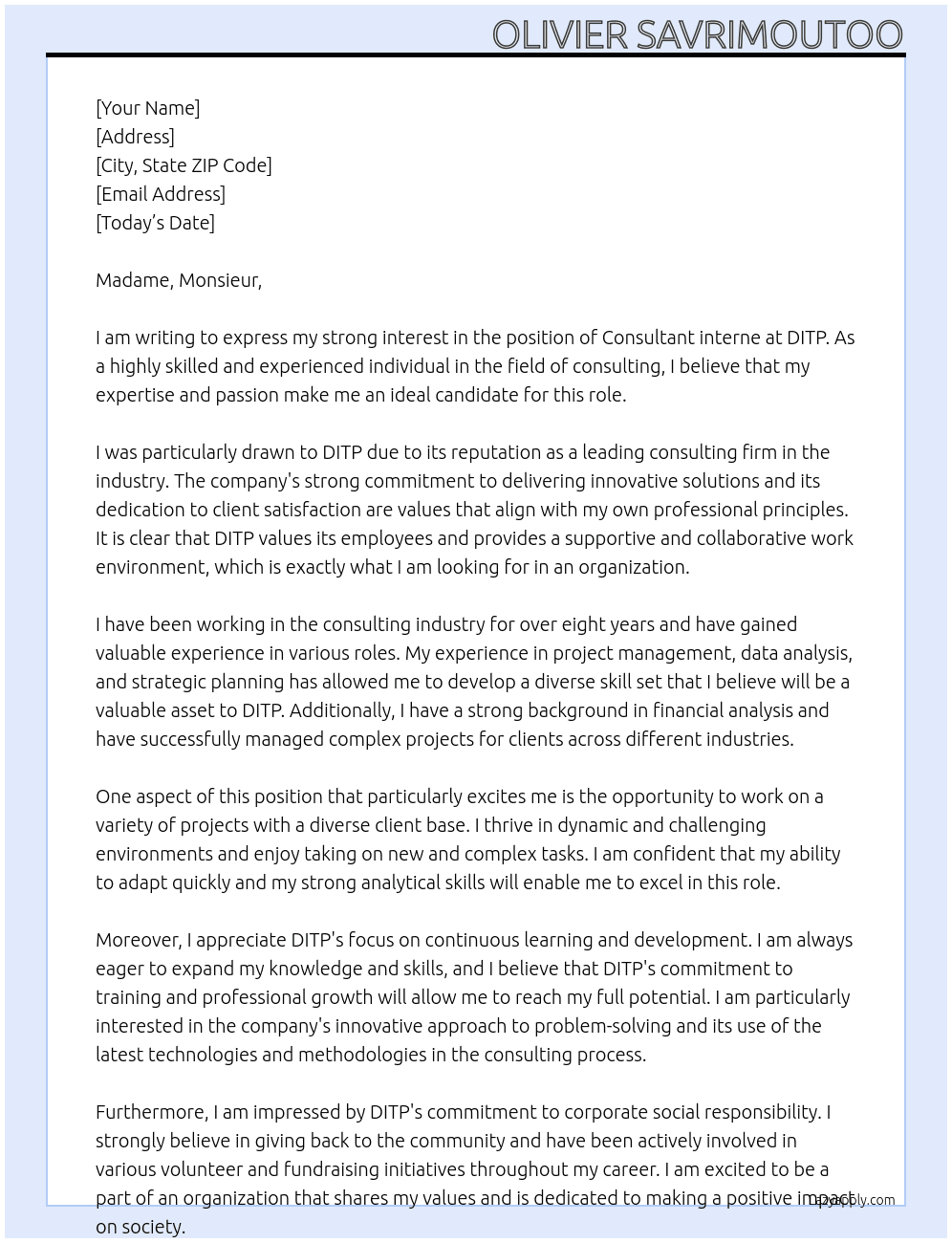 Consultant interne At DITP Cover Letter