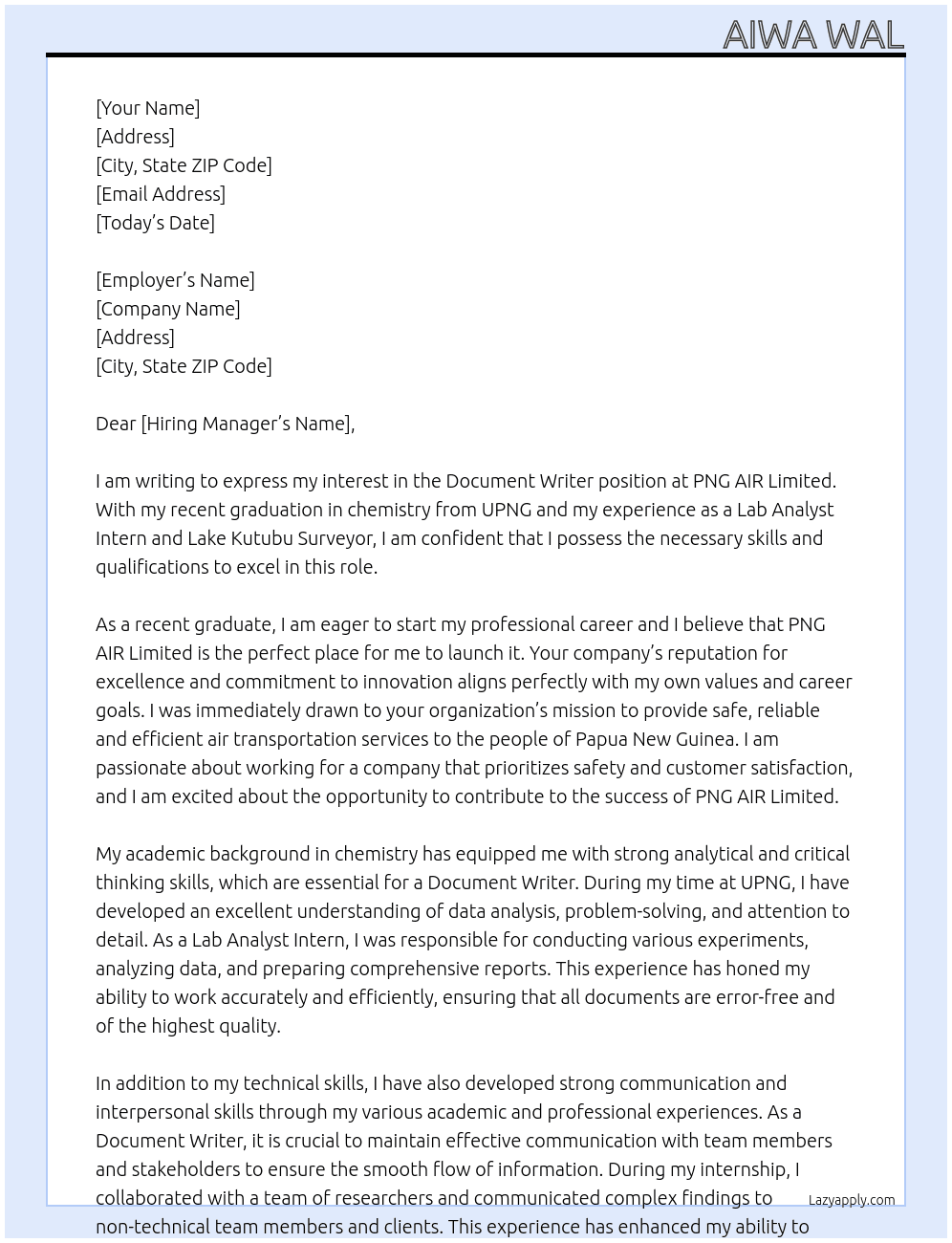 DOCUMENT WRITER At PNG AIR Limited Cover Letter
