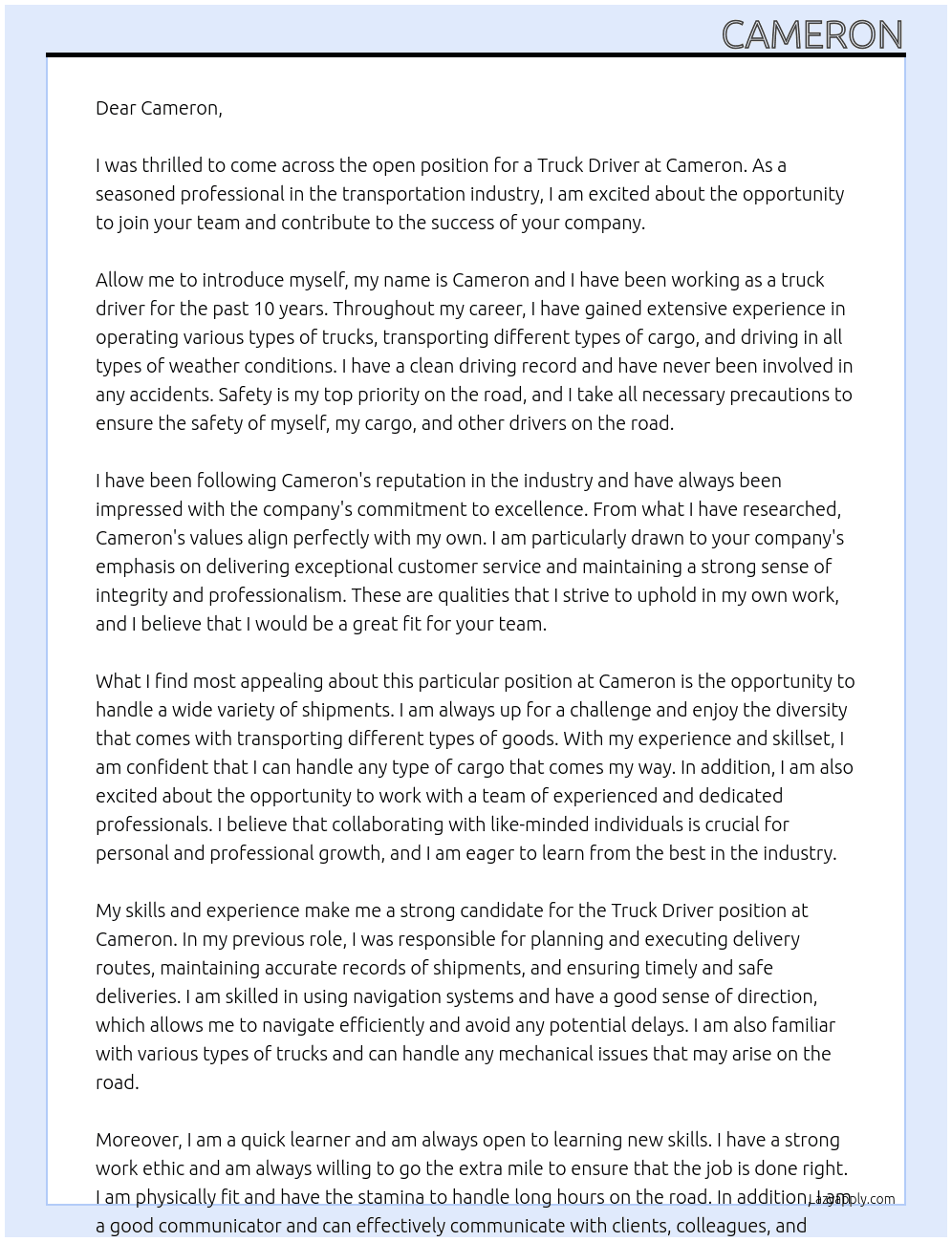 truck driver  At cameron Cover Letter