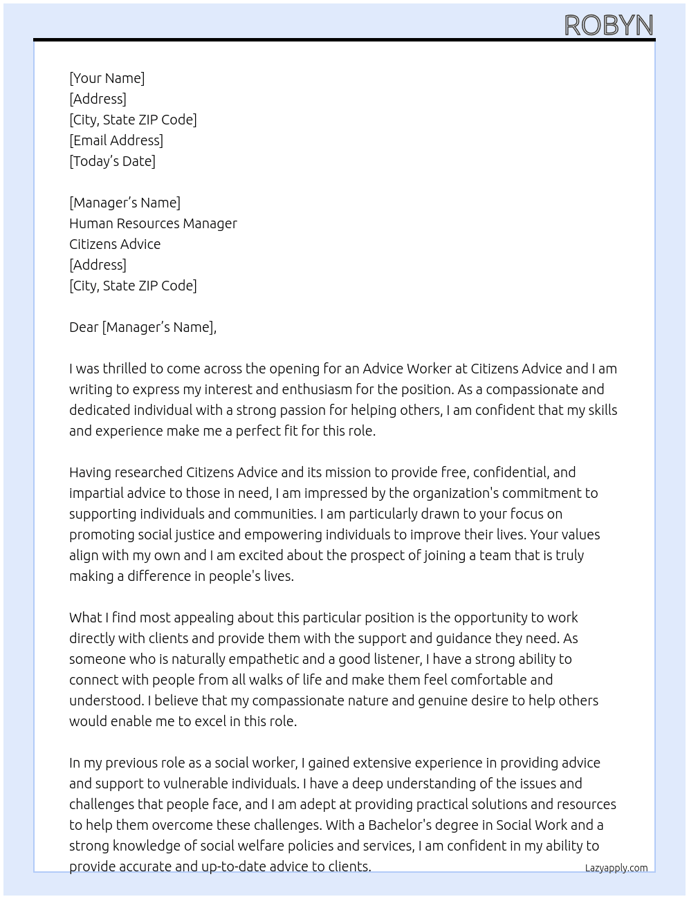 advice worker At Citizens Advice Cover Letter