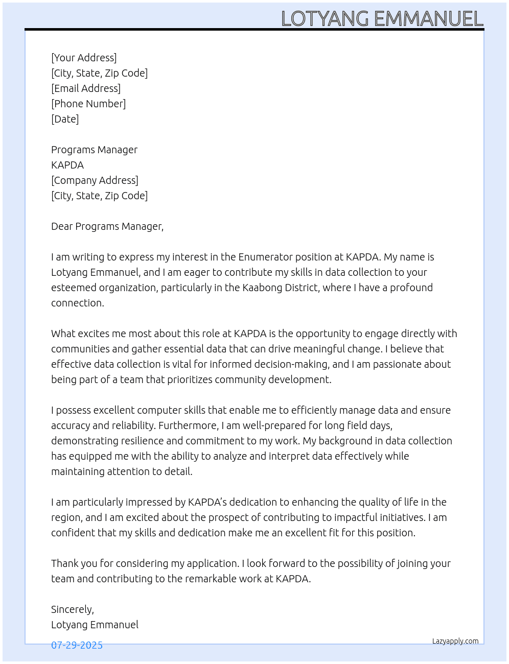 enumerator At KAPDA Cover Letter