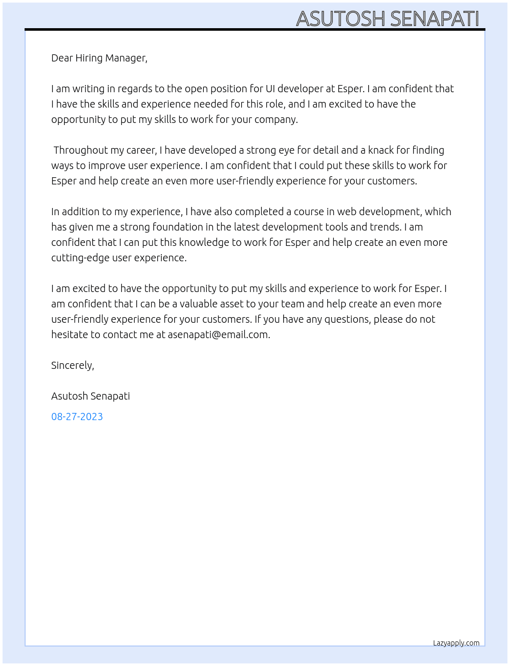 ui developer At esper Cover Letter