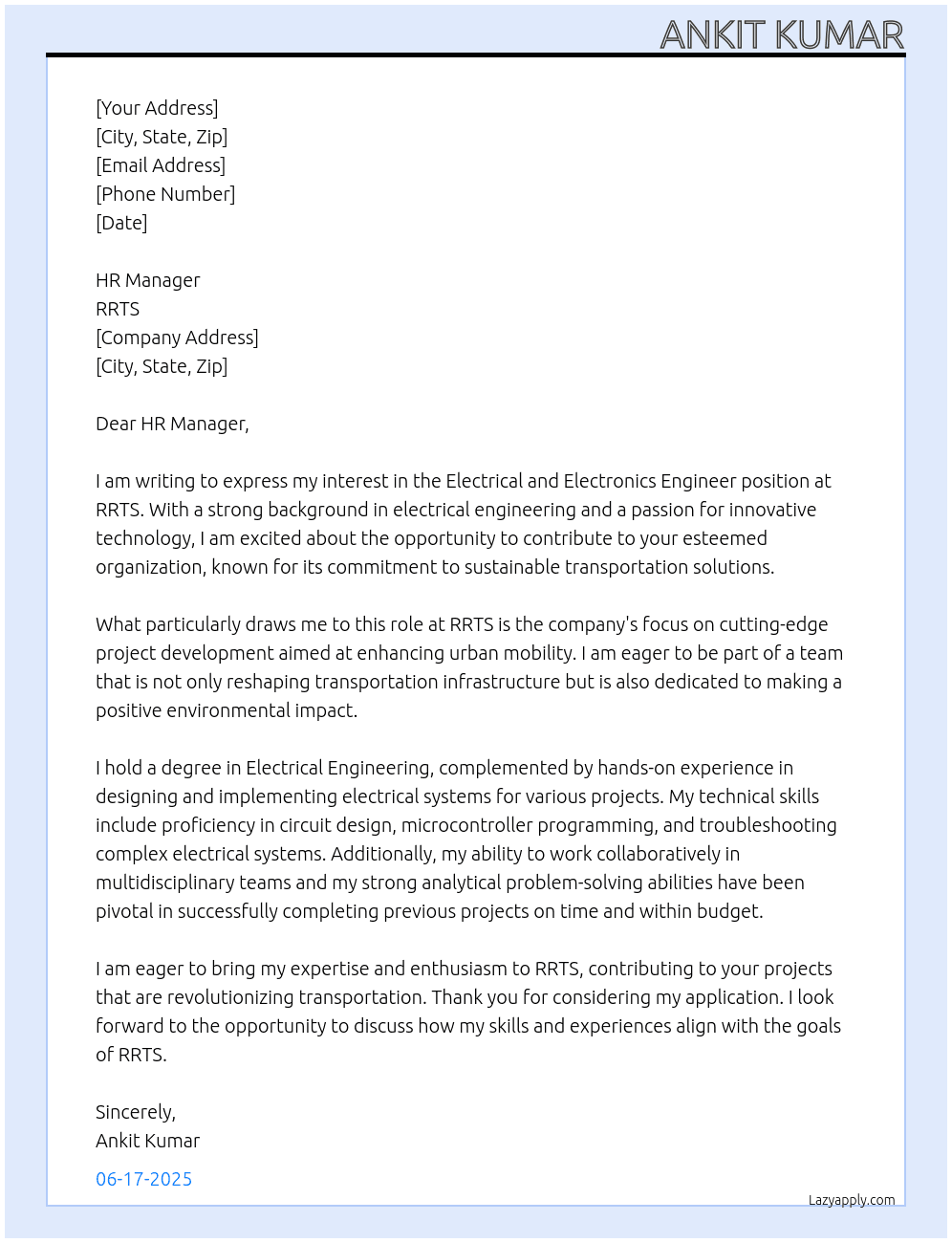 Electrical and Electronics Engineer At RRTS Cover Letter