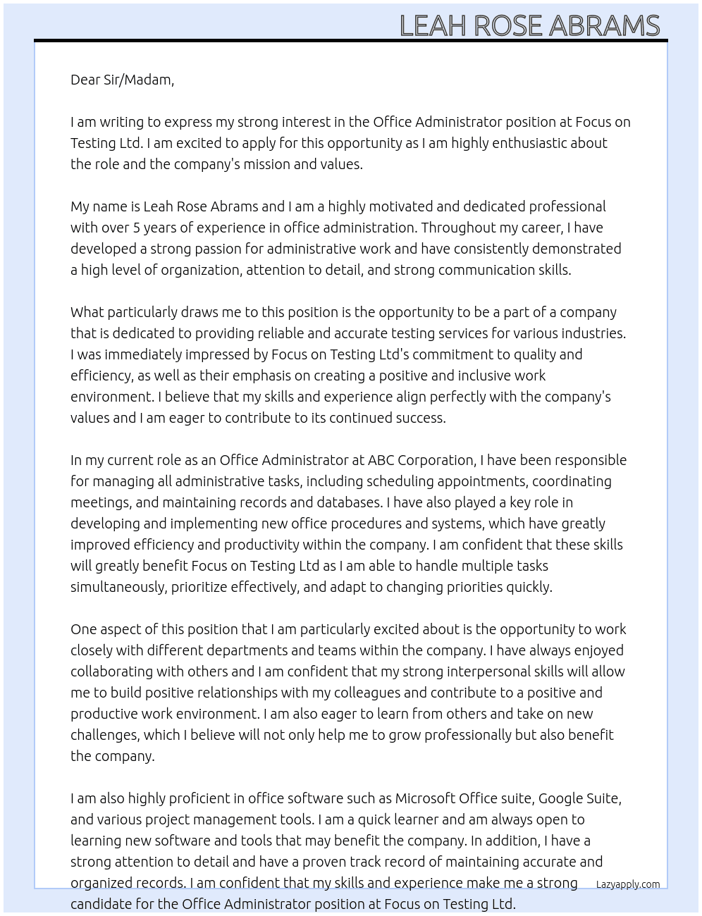 Office Administrator  At Focus on Testing Ltd Cover Letter