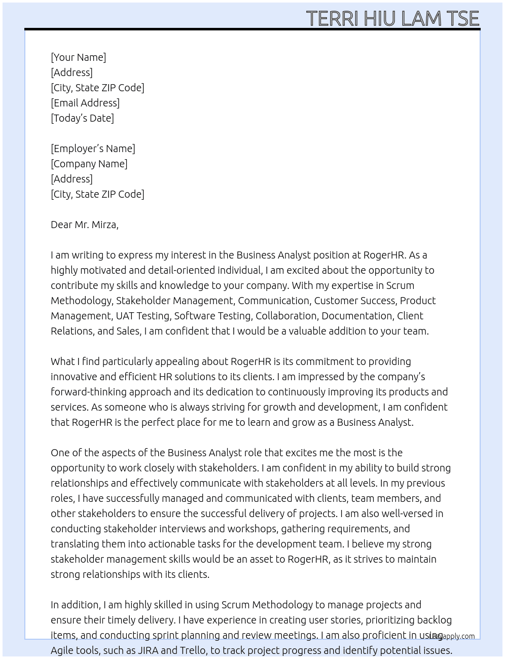 Business Analyst At RogerHR Cover Letter