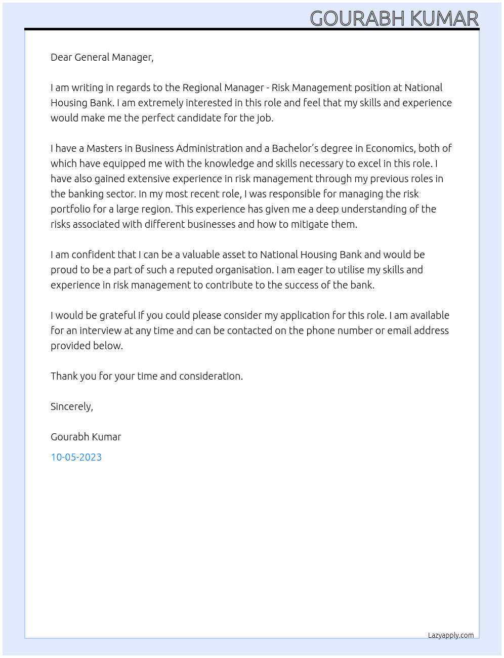 Regional Manager - Risk Management At National Housing Bank Cover Letter