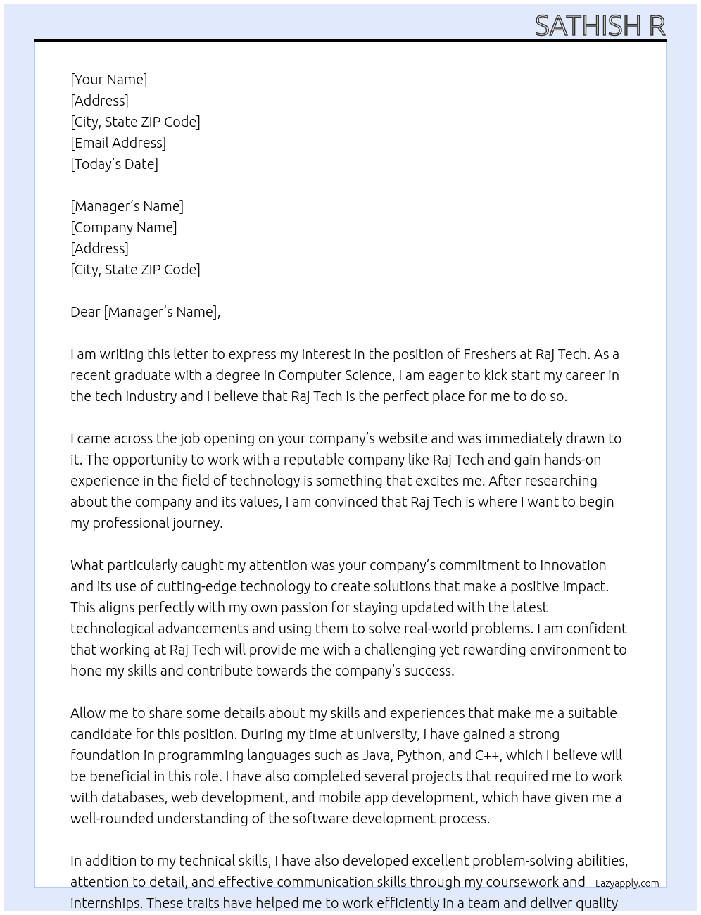 Freshers At Raj tech Cover Letter