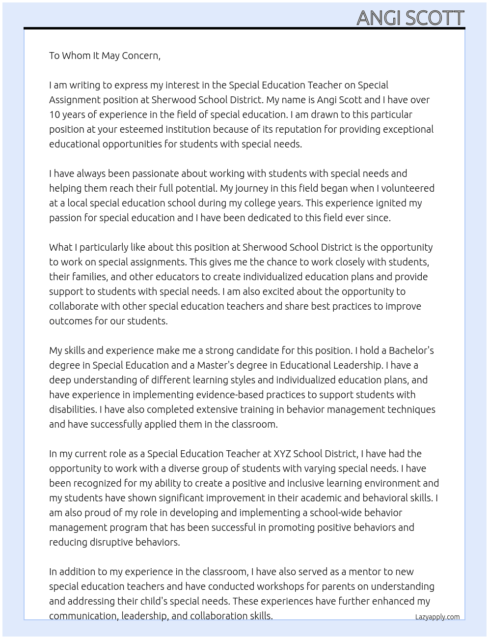 Special Education Teacher on Special Assignment At Sherwood School District Cover Letter