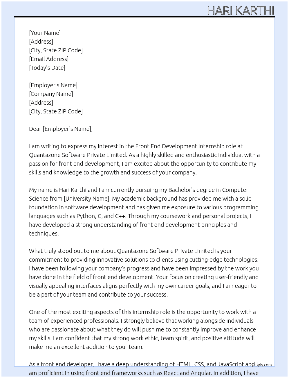 front end development  At Quantazone Software private limited Cover Letter
