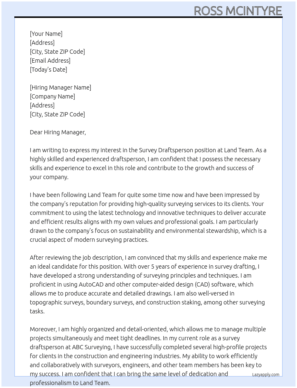 Survey Draftsperson At Land Team Cover Letter