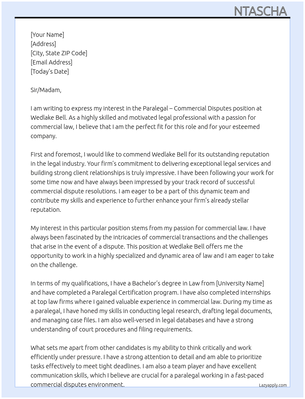 Paralegal - Commercial Disputes At Wedlake Bell Cover Letter