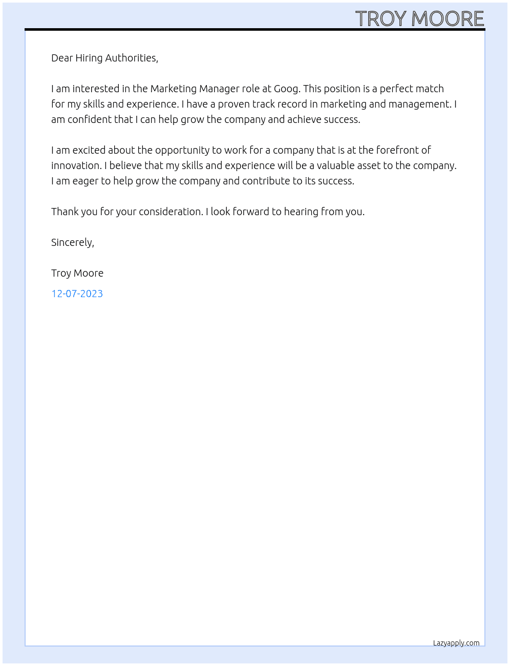 Marketing Manager At Goog Cover Letter