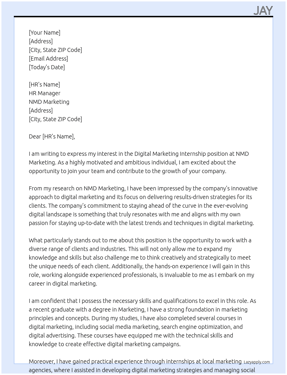 Digital Marketing Internship At nmd marketing Cover Letter