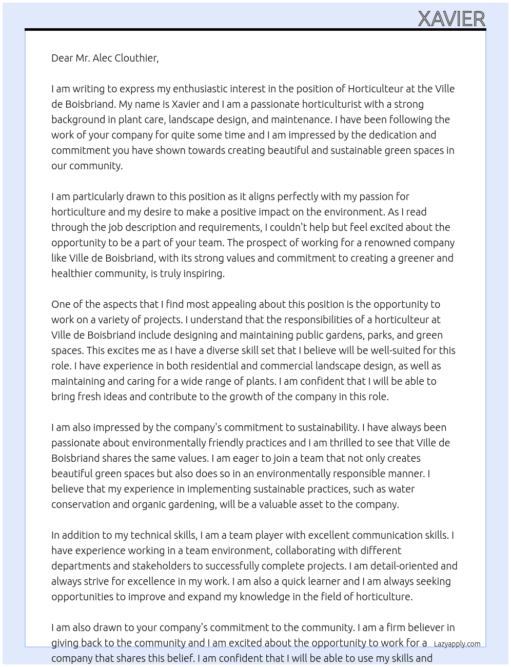 Horticulteur At ville de boisbriand Cover Letter