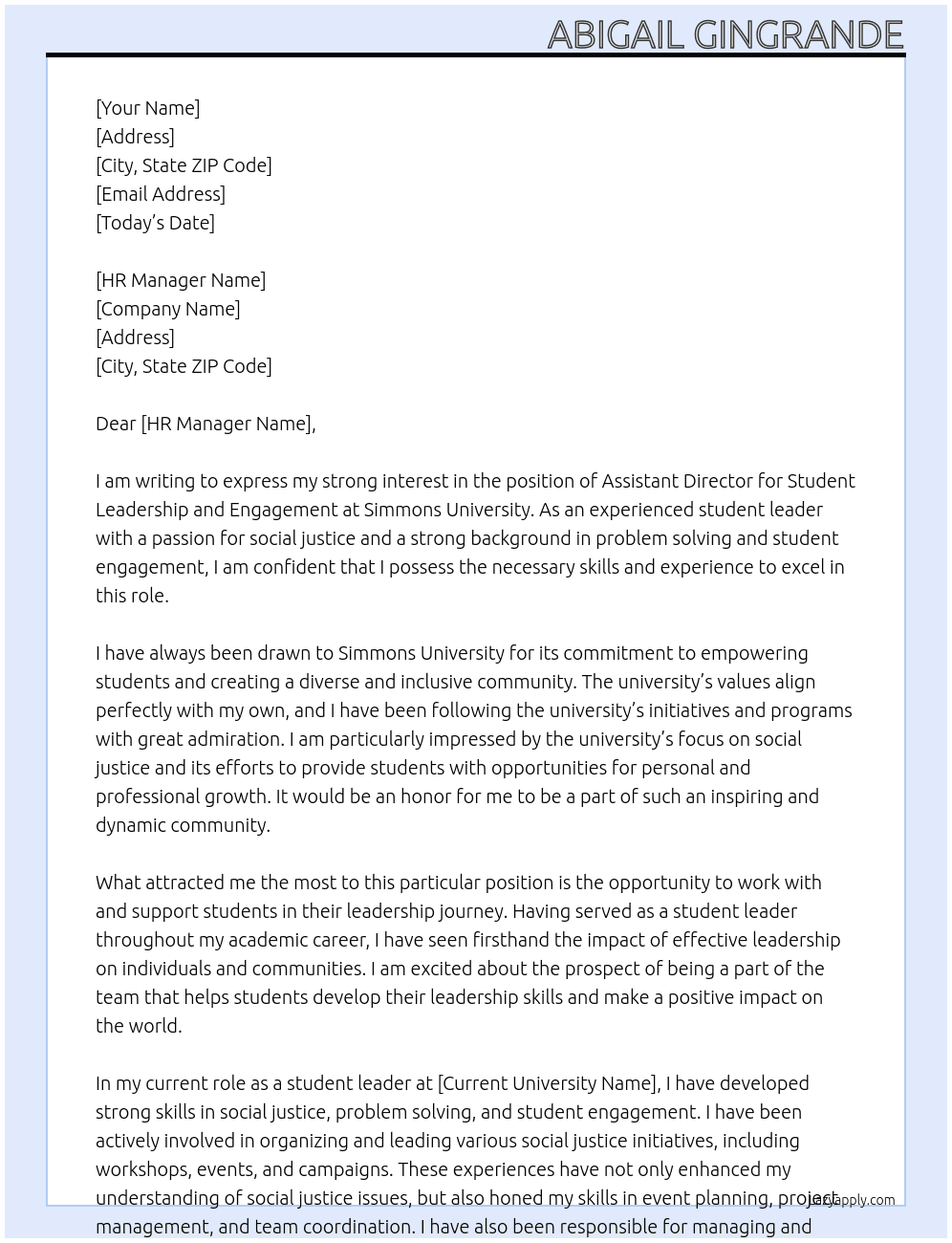 Assistant Director for Student Leadership and Engagement At Simmons University Cover Letter