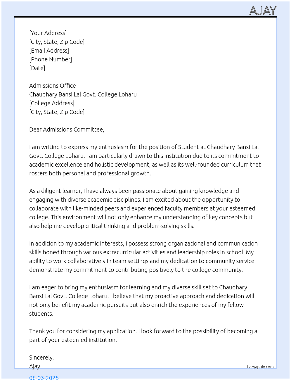 Student  At Chaudhary Bansi Lal govt. College Loharu Cover Letter