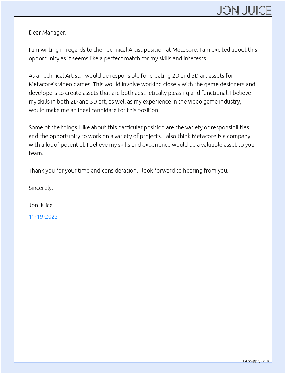 Technical artist At Metacore Cover Letter
