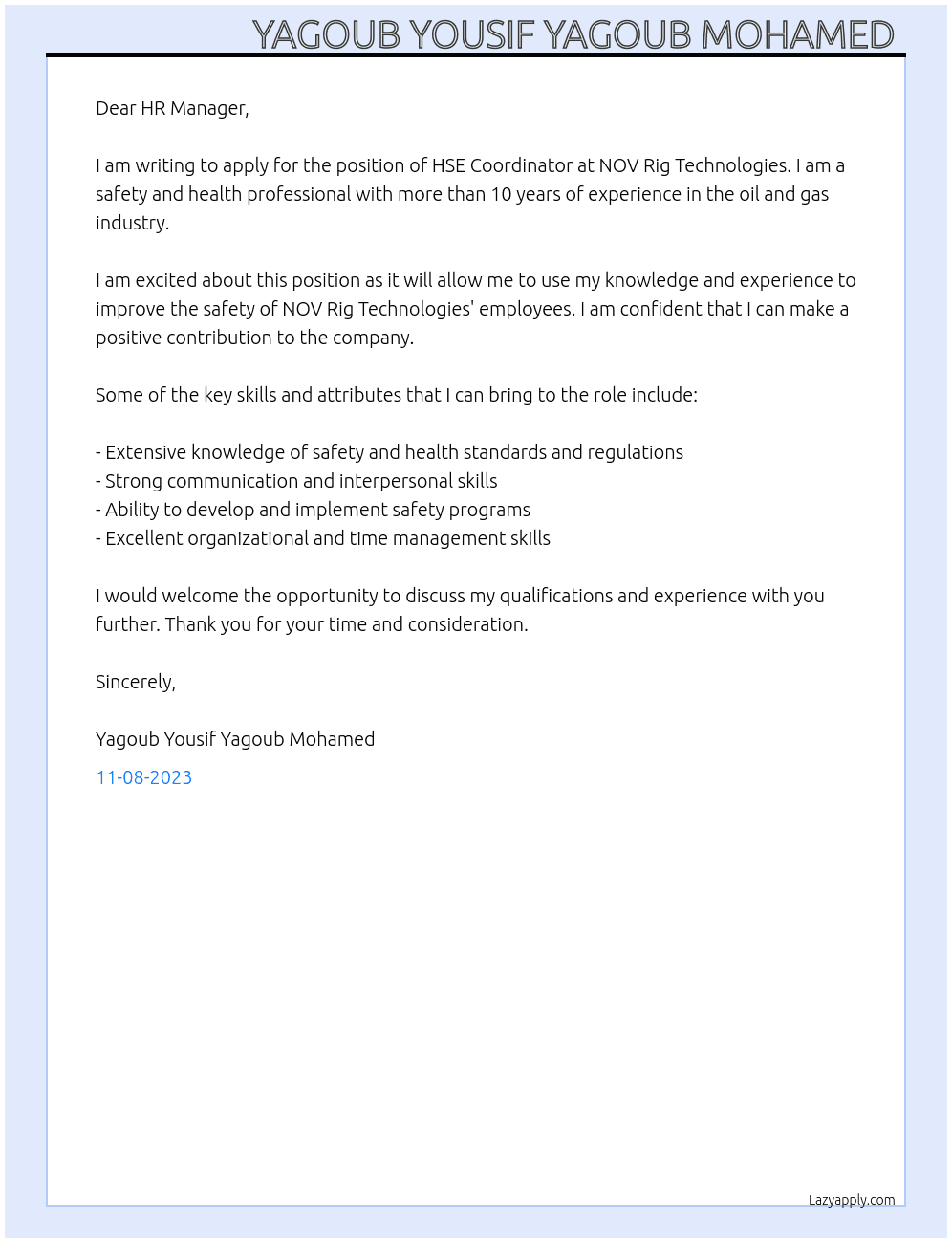 HSE Coordinator At NOV Rig Technologies Cover Letter