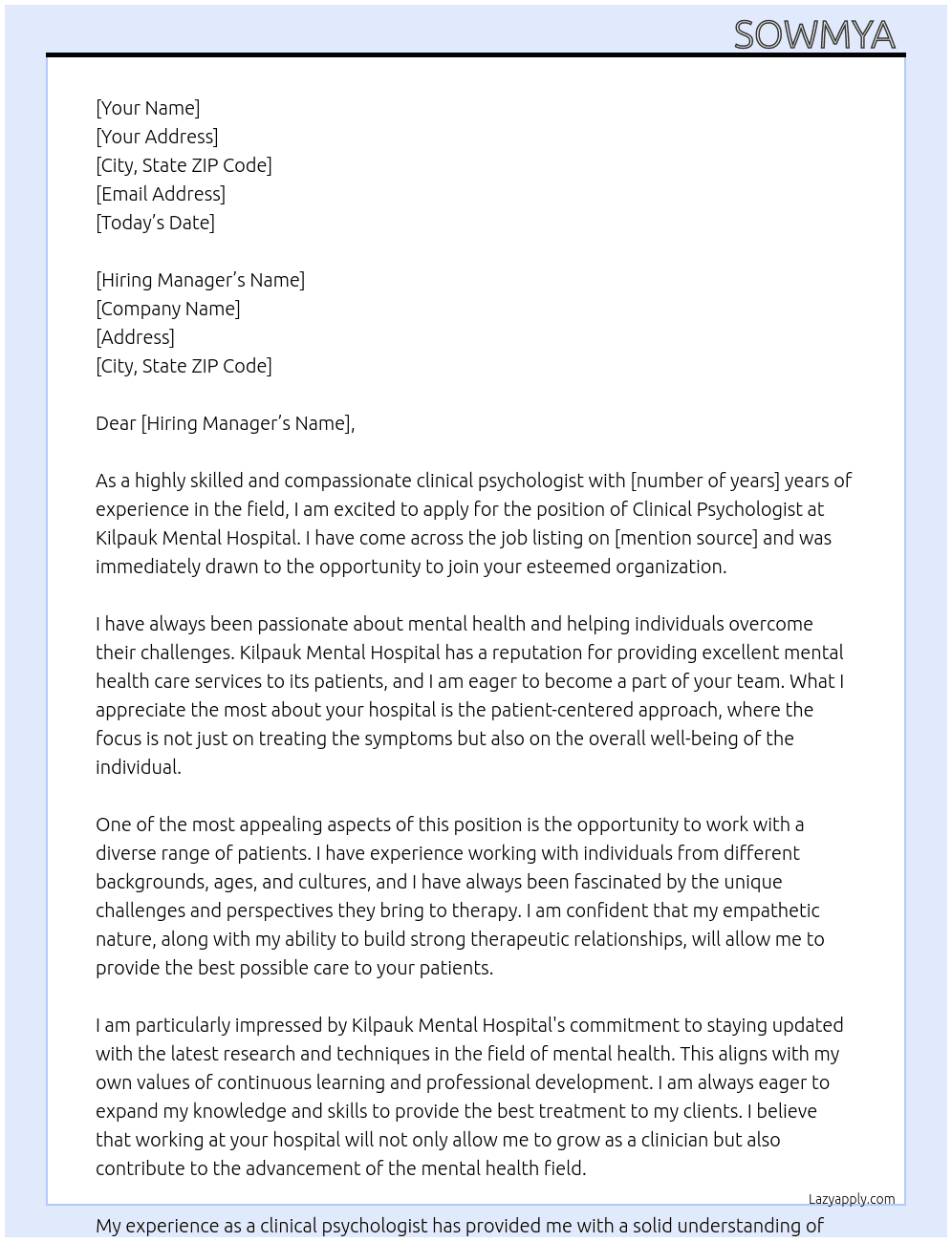 cilincal psychologist  At kilpauk mental hospital Cover Letter