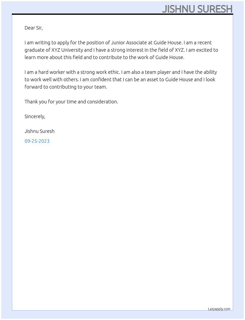 Junior Associate  At Guide House Cover Letter