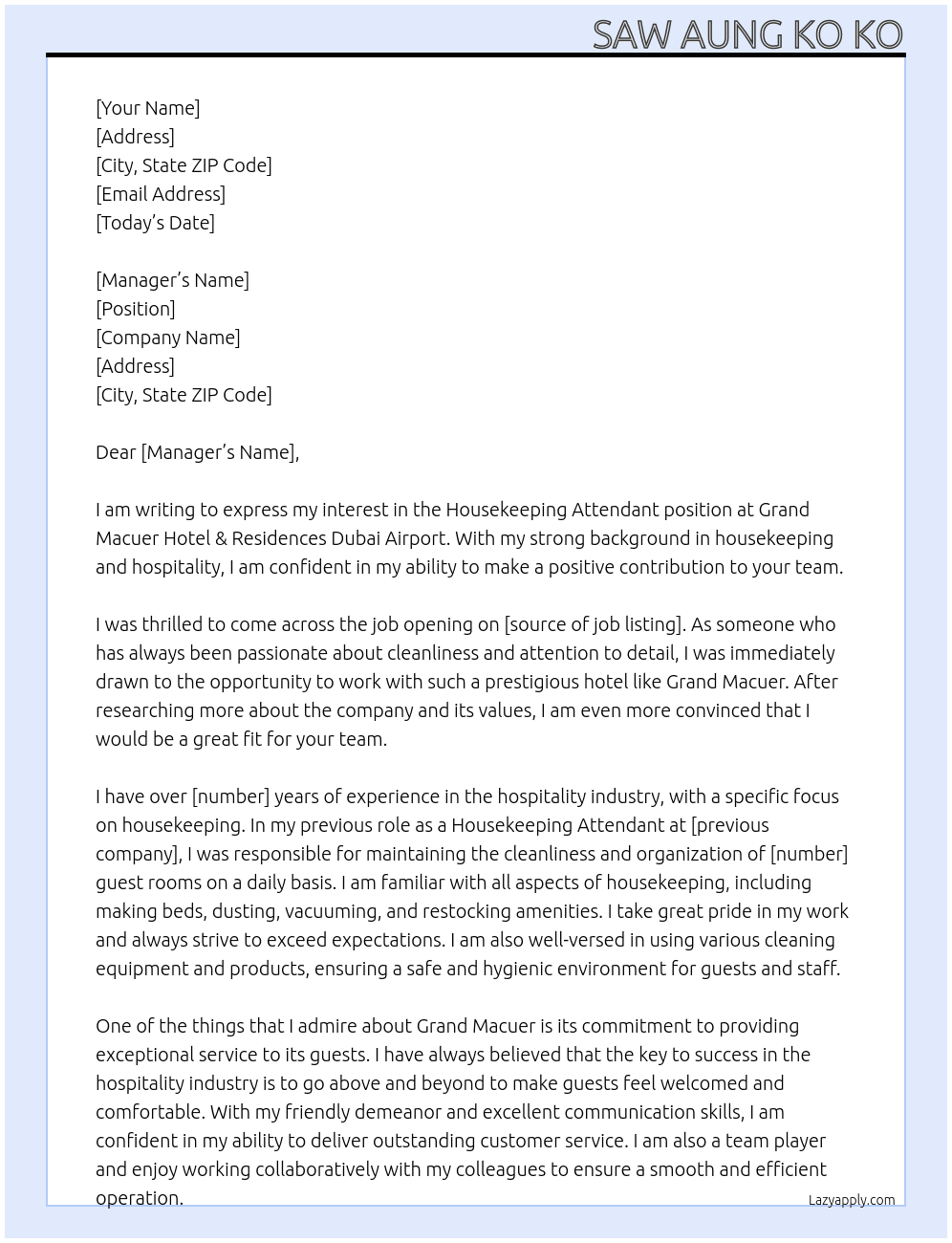 Housekeeping Attandent At Grand Macuer Hotel & Residences Dubi Airport Cover Letter