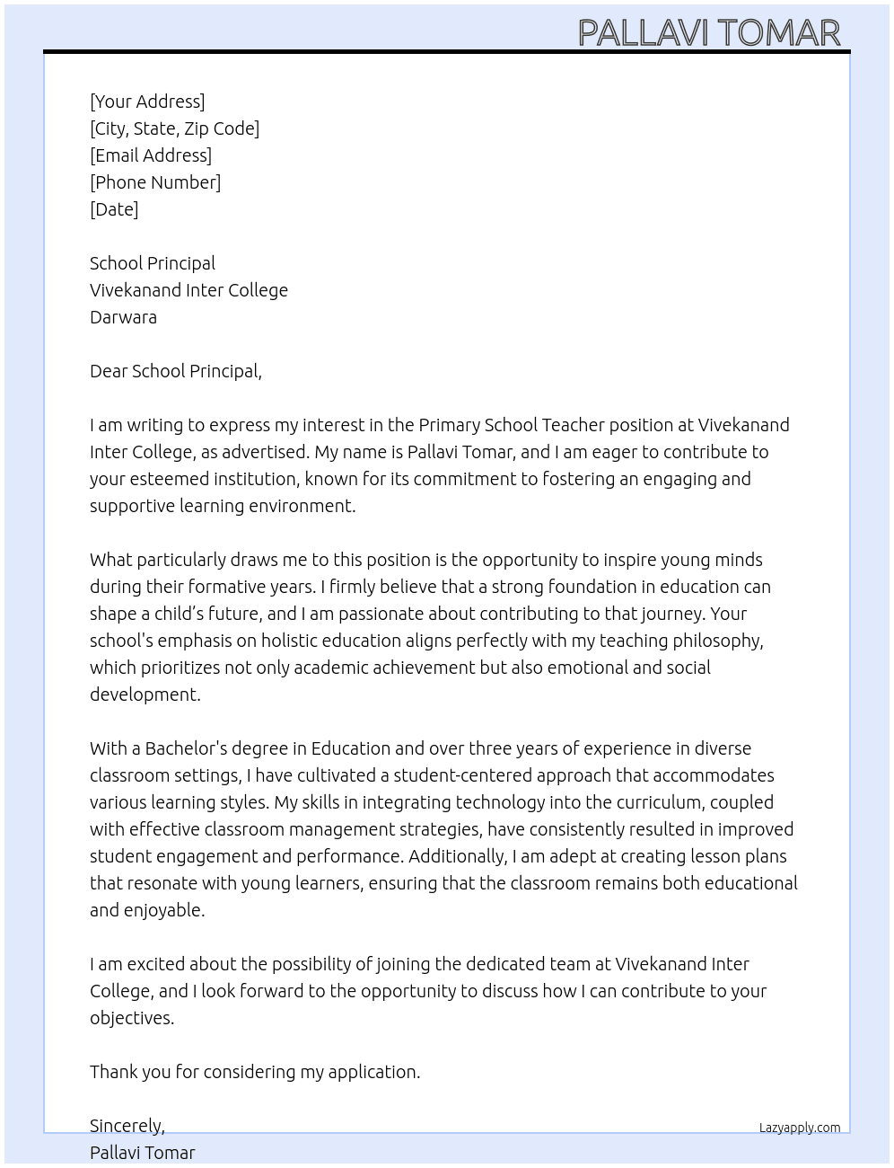 Primary school teacher  At Vivekanand inter college, Darwara  Cover Letter