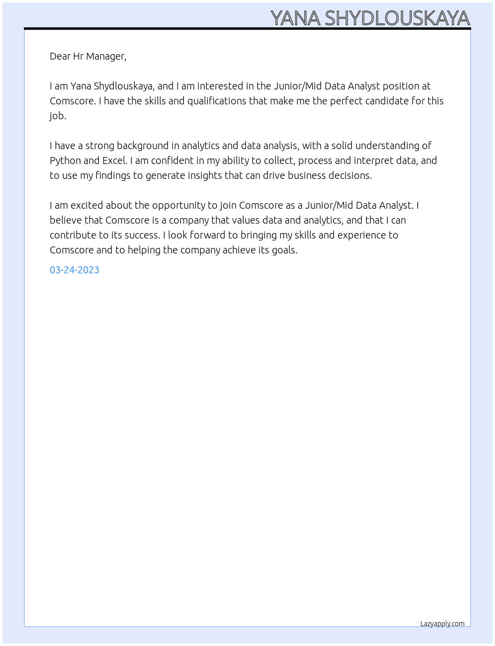 Junior/Mid Data Analyst At Comscore Cover Letter