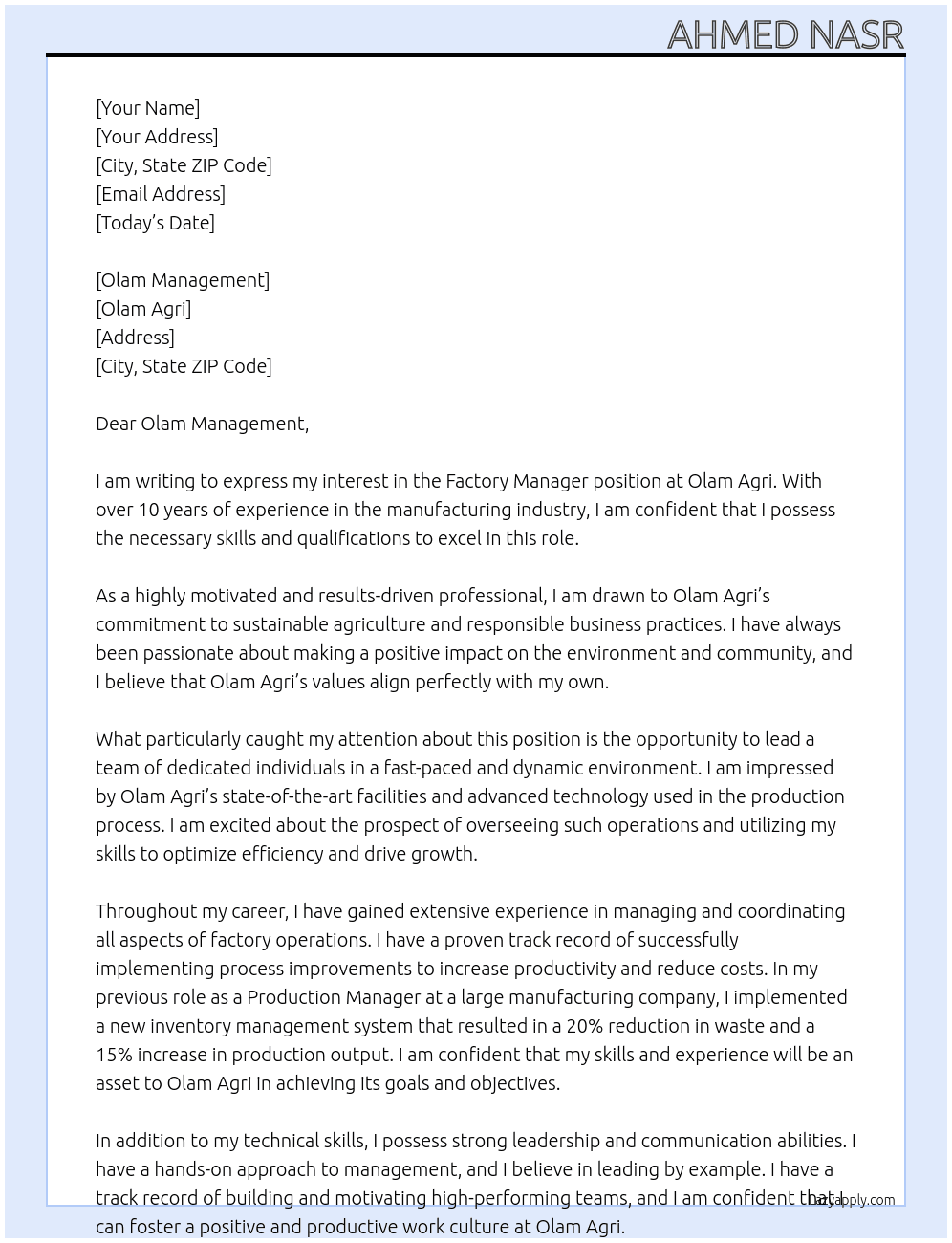 Factory Manager  At Olam Agri Cover Letter