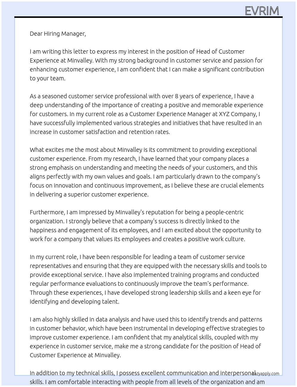 head of customer experience At Minvalley Cover Letter