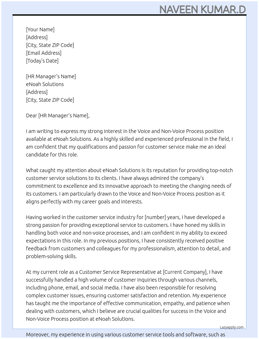 Voice and non voice process  At eNoah solution  Cover Letter