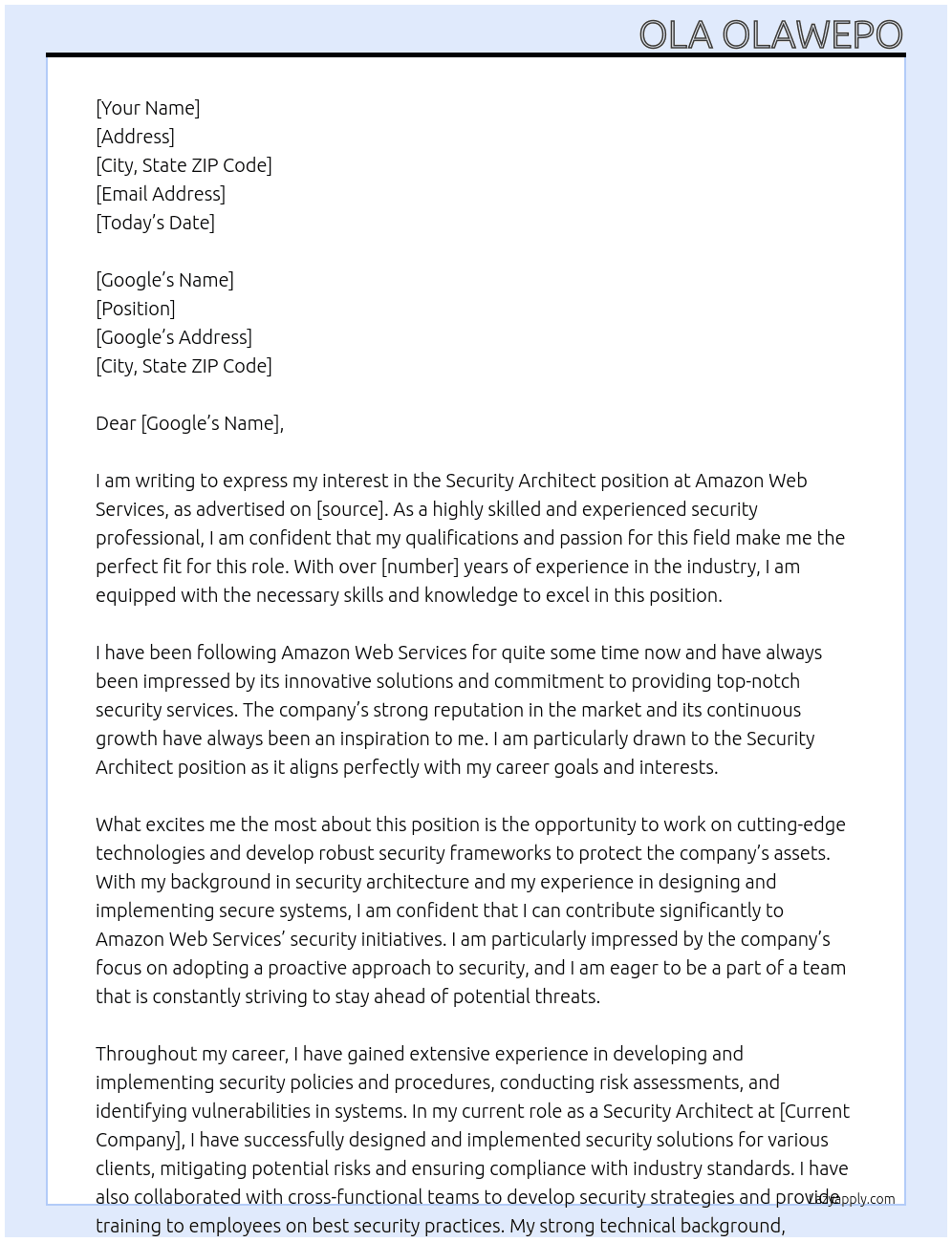 Security architect At Amazon Web Services Cover Letter