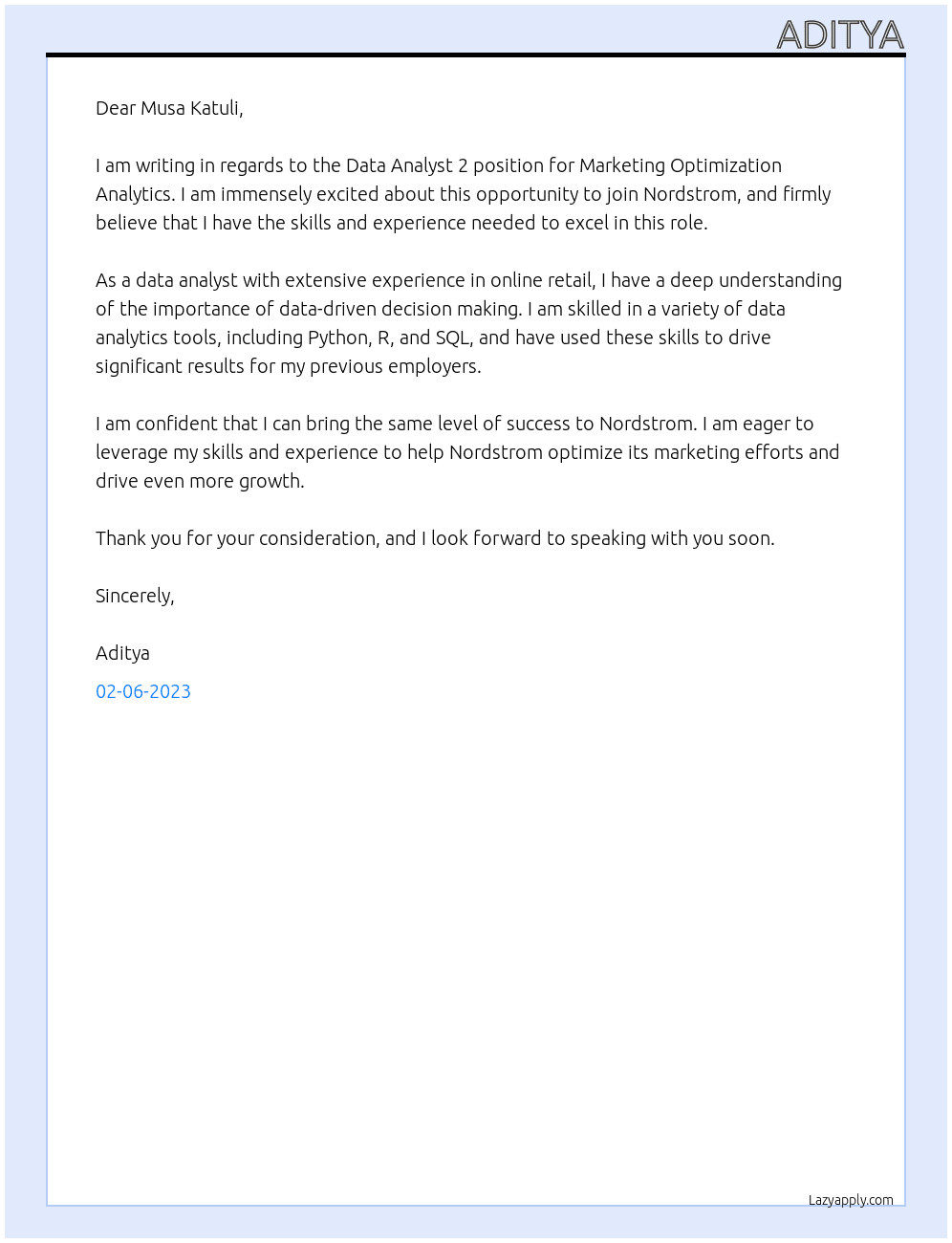 Data Analyst 2 for Marketing Optimization Analytics At Nordstrom Cover Letter