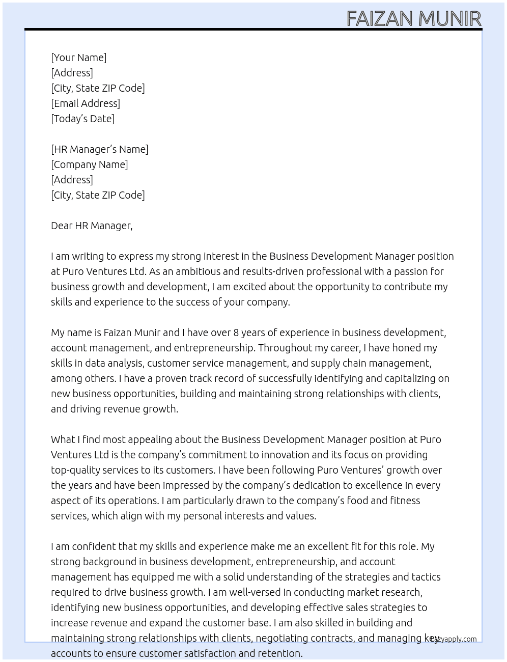 Business Development Manager At Puro Ventures Ltd  Cover Letter