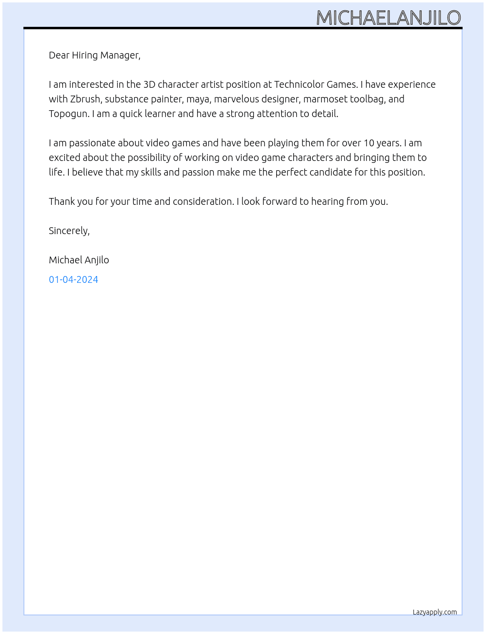3d character artist At Technicolor games Cover Letter