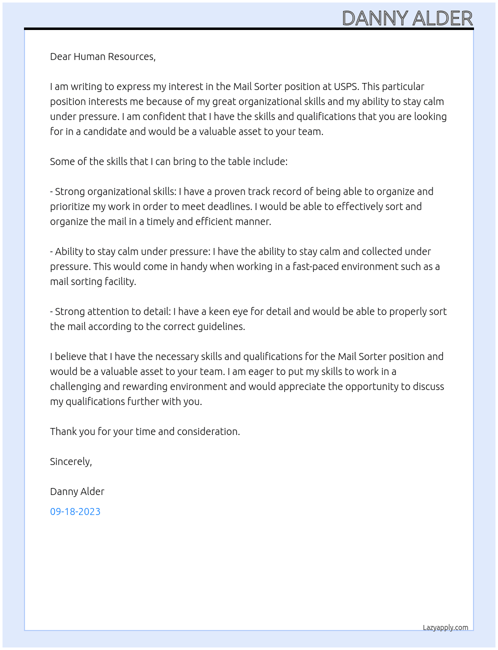 Mail Sorter At USPS Cover Letter