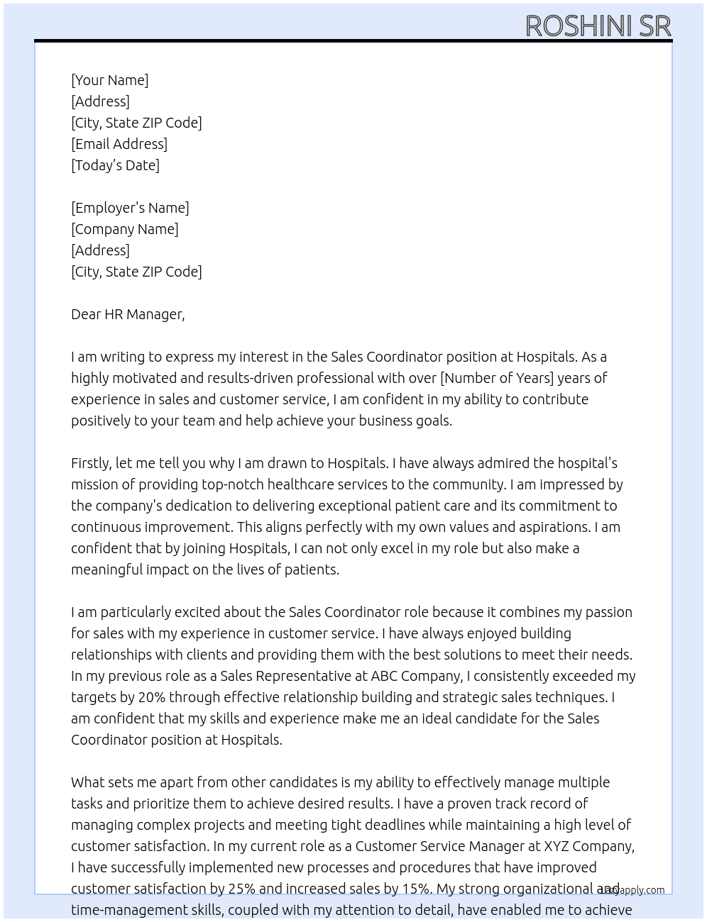 Sales coordinator At hospitals Cover Letter