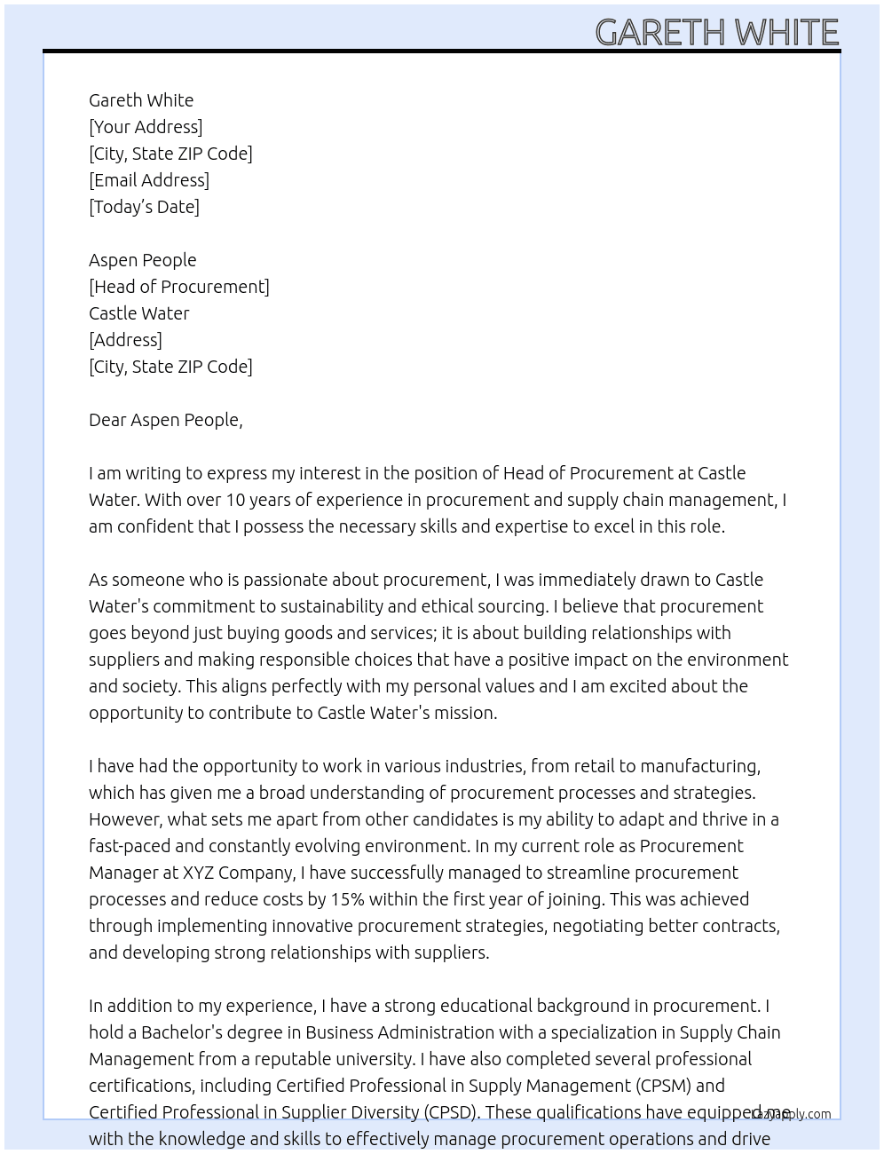Head of Procurement At Castle Water Cover Letter