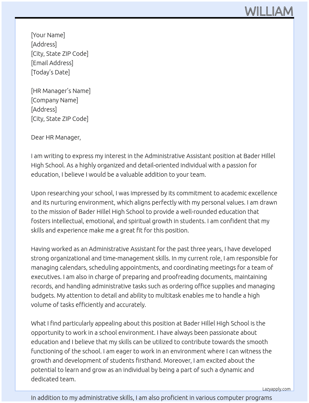 Administrative Assistant At Bader Hillel High School Cover Letter