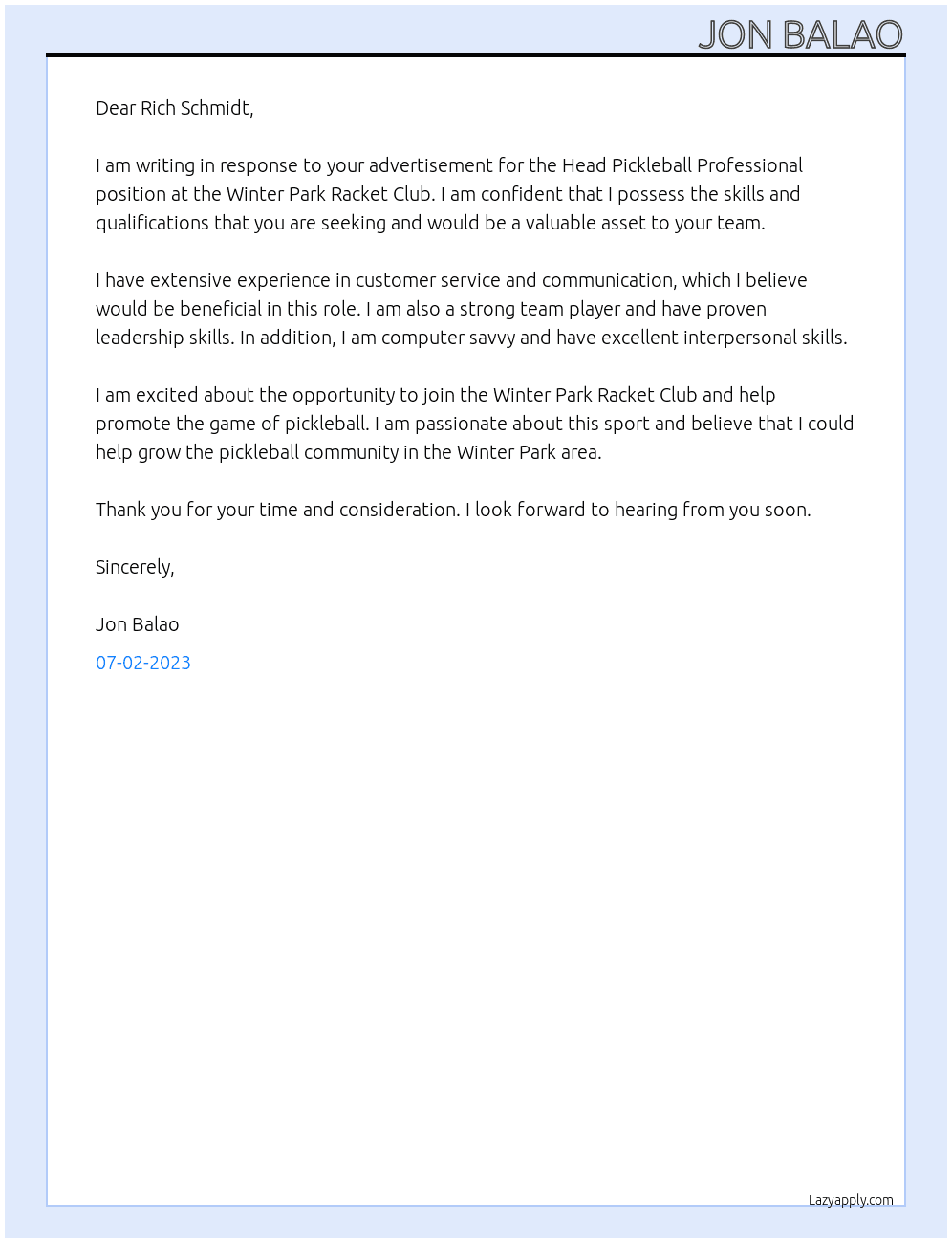 Head Pickleball Professional At Winter Park Racket Club Cover Letter