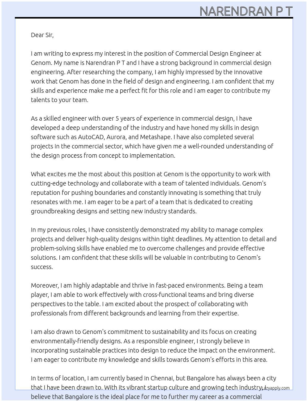 commercial design engineer At genom Cover Letter