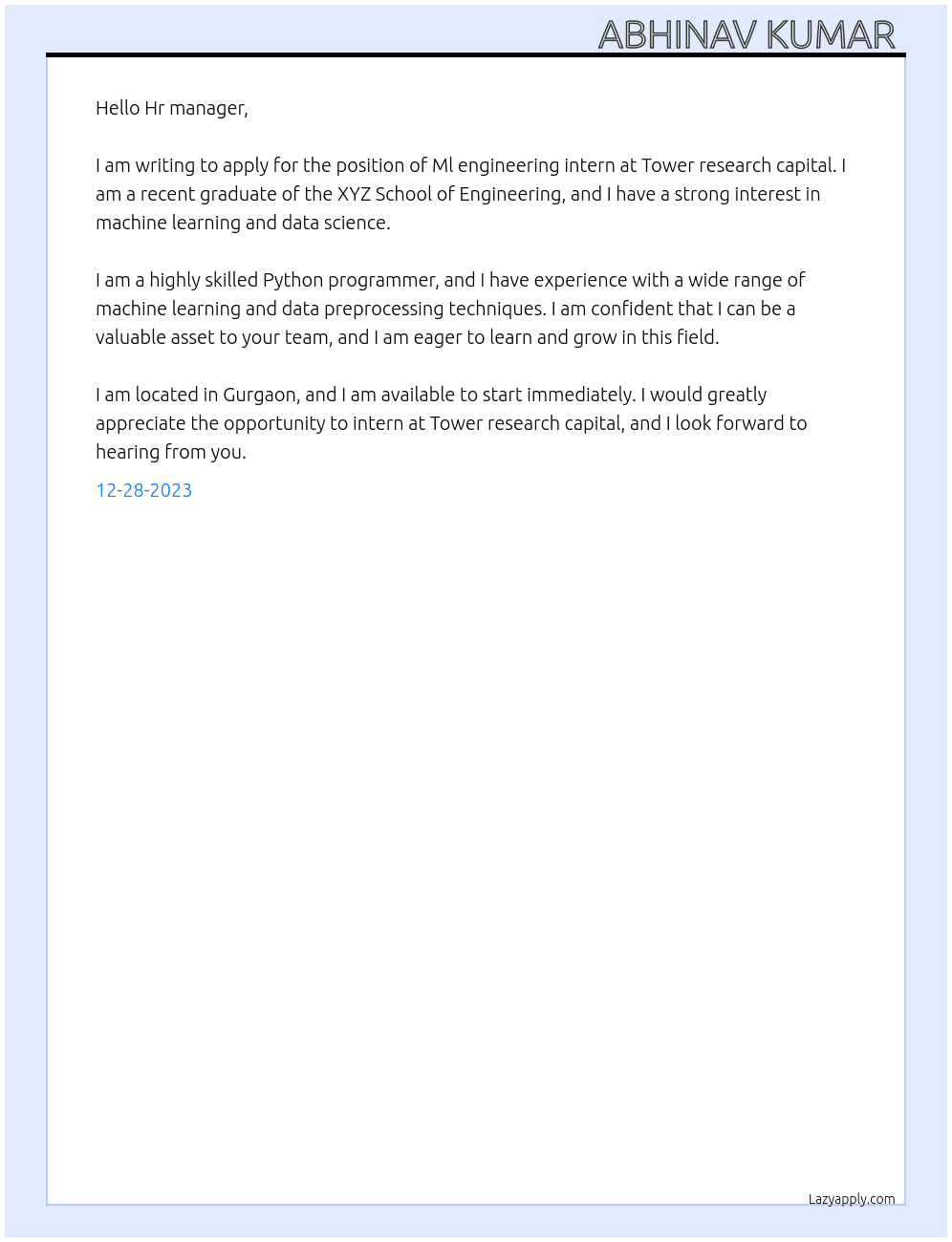 Ml engineering intern At Tower research capital  Cover Letter