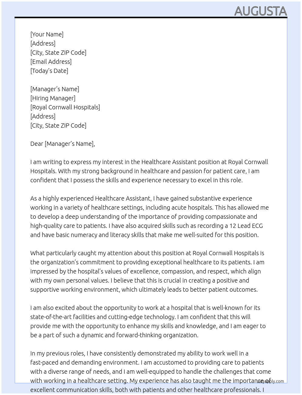 Healthcare Assistant  At Royal Cornwall Hospitals  Cover Letter