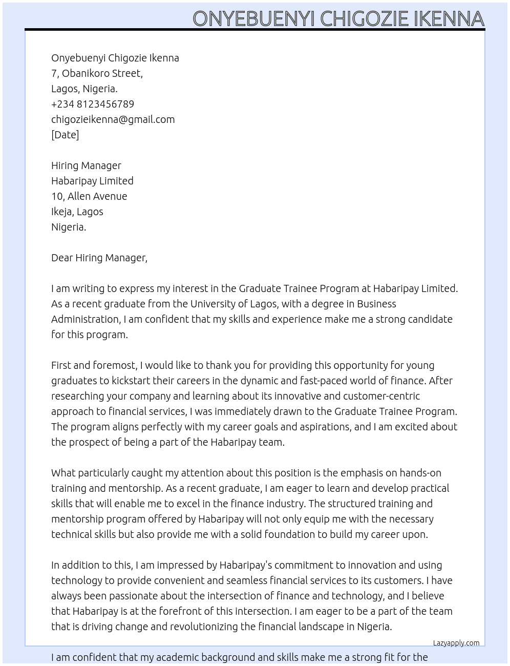 Graduate Trainee Program  At Habaripay Limited Cover Letter
