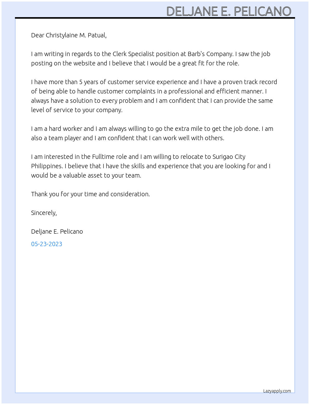 Clerk Specialist  At Barb's Company  Cover Letter