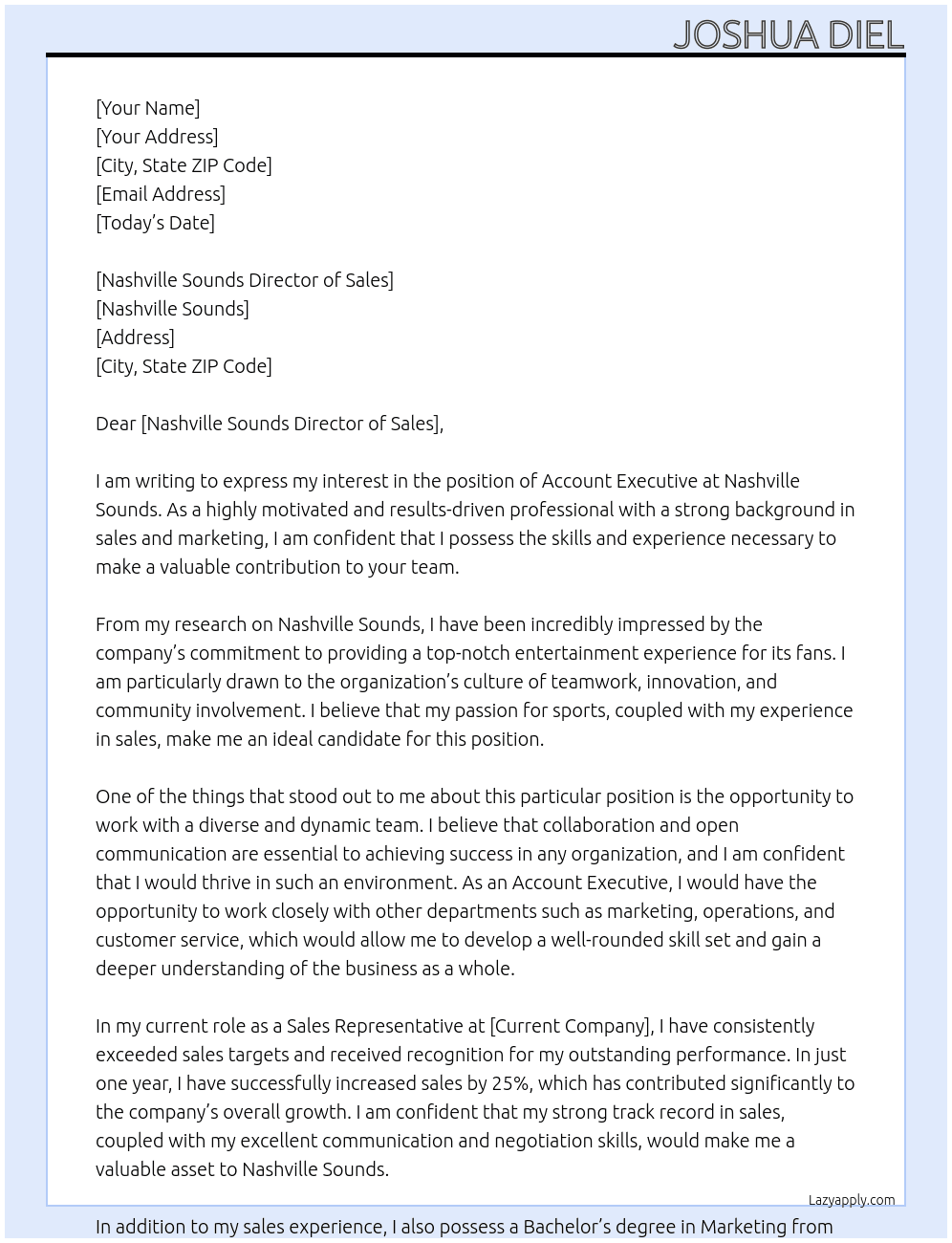 Account Executive At Nashville Sounds Cover Letter
