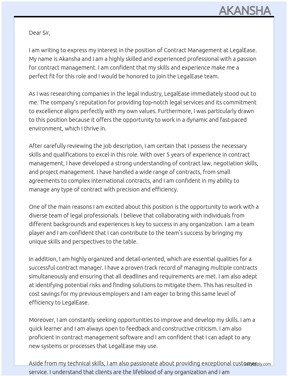 Contract Management At LegalEase Cover Letter