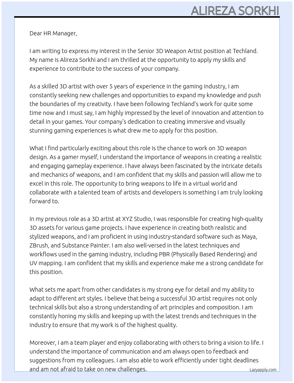 senior 3d weapon artist At Techland Cover Letter