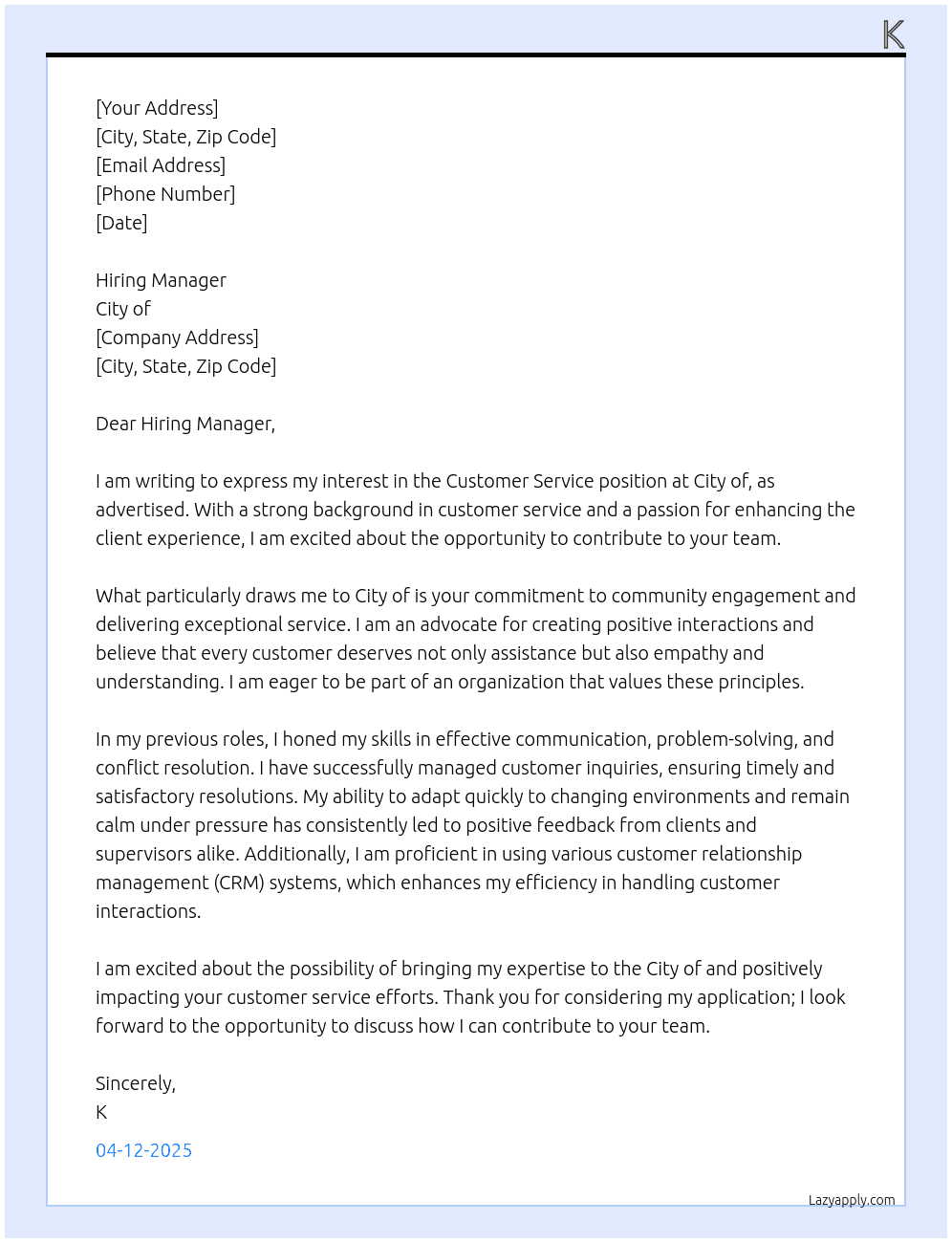 Customer Service At City of Cover Letter
